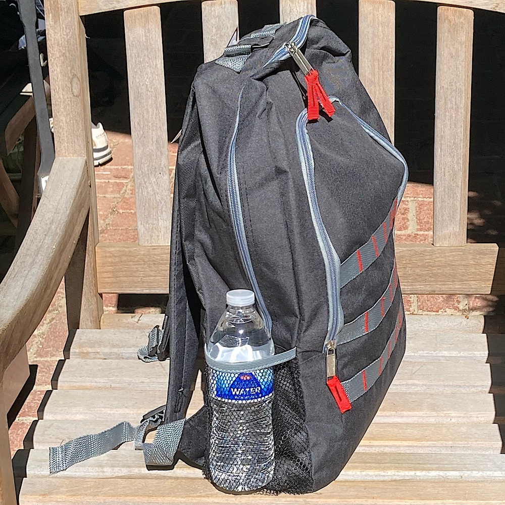 Black Backpack with Red Grey Trim Side Mesh Pockets Unisex New - Picture 8 of 9